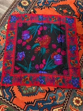 Vintage 1980's large Liz Claiborne silk square scarf floral flowers red wrap